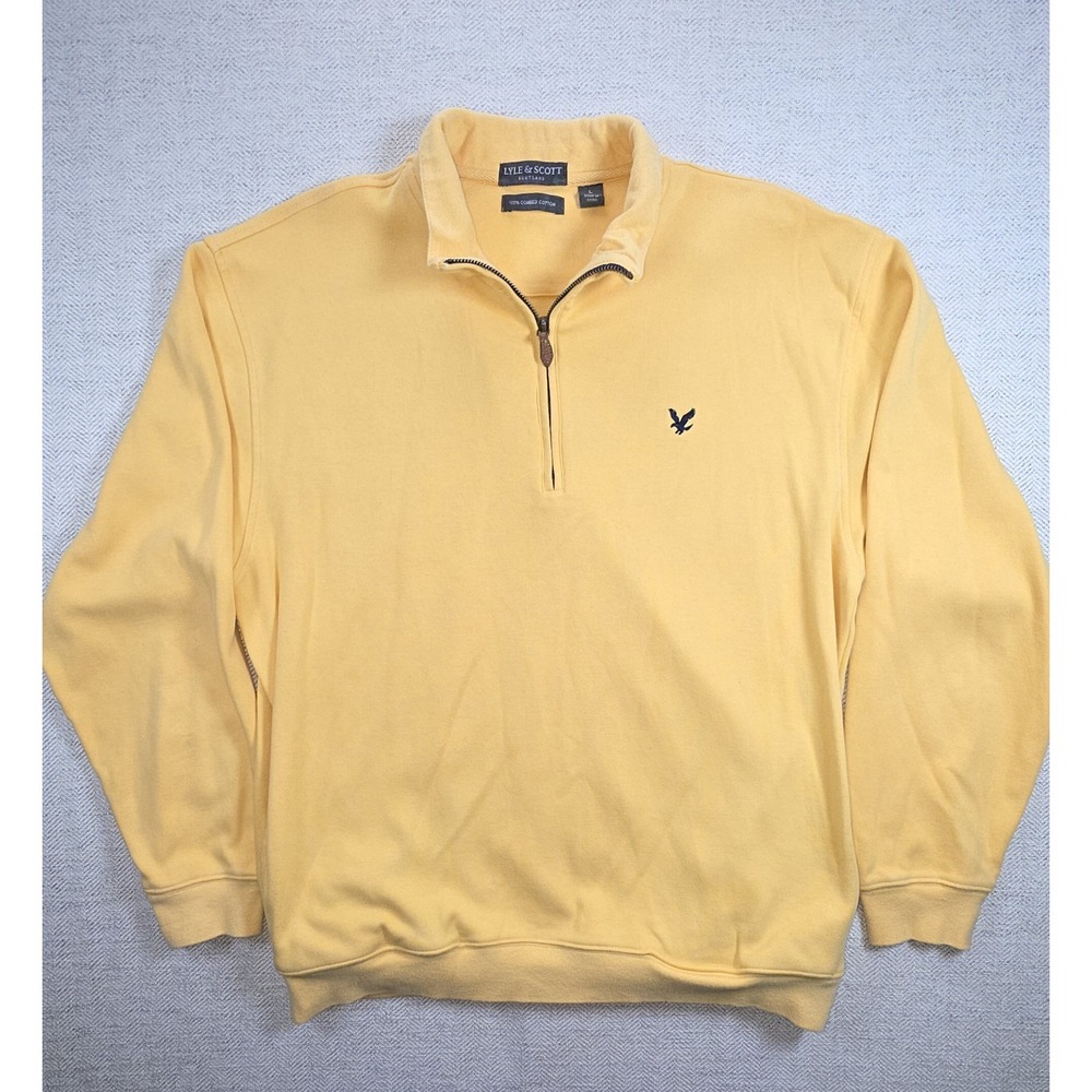 Lyle & Scott Golden Eagle 1/4 ZipKnit Jumper Yellow Mens L Combed Cotton Pockets